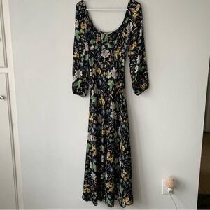 NWT Doen Guinevere Silk Ruched V Neck Long Sleeve Bias Midi Dress Sweet Anemone